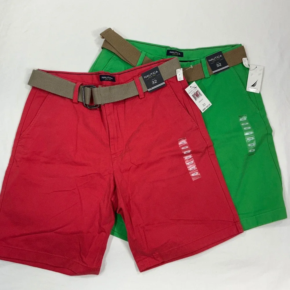 Nautica Mens 32 Chino Shorts 2 Pack Red Green Belted Flat Front BC6102 NEW